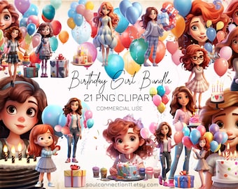 Birthday Girl PNG Clipart, Birthday Party Images Bundle, Sublimation Design, Digital Sticker, Baloons, Birthday Cake, Party Decorations