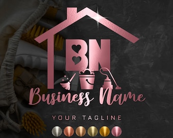 Pink Rose Gold Cleaning Service Logo, Modern Broom Logo (Premade)