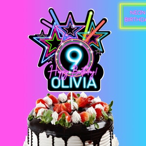Printable NEON Cake Topper, Neon Glow Birthday Cupcake Topper, Personalized Neon Cake Topper, Glow in the dark Party Decorations, Digital