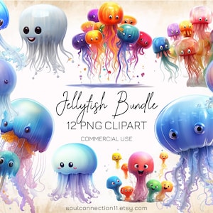 Niedliches Quallen PNG Clipart-Bundle, Unter dem Meer Clipart, Meerestiere, Meerestiere Sublimationsdesign, bedruckbarer Aufkleber