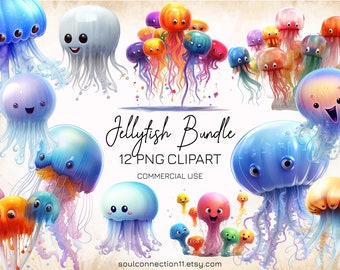 Qualle Clipart Bundle, Meerestiere PNG, Sublimationsdesign