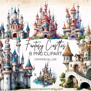 Fantasy Castles PNG Clipart Bundle, Watercolor Fairy Castle Image, Fairytale Castle, Sublimation Design, Printable Sticker, Princess Castle