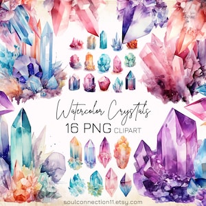 Watercolor Crystals Clipart Bundle, Colorful Crystals PNG, Gemstone Clipart, Diamond Clipart, Crystals for Scrapbooking, Commercial Use