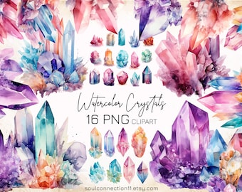 Watercolor Crystal Clipart Bundle, Gemstone PNG, Scrapbooking (Commercial Use)