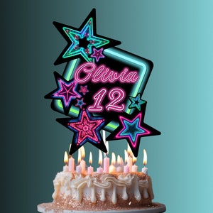 Topper de pastel de neón, pieza central de pastel de cumpleaños personalizado, decoraciones de fiesta de neón, topper de pastel de neón imprimible, fiesta de brillo de neón, digital imagen 1