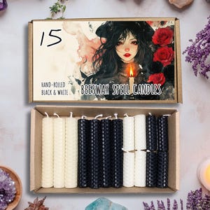 15 zwart-witte bijenwas spreukkaarsen, natuurlijke wasrituele kaars, altaarkaars, handgerolde manifestatiekaarsen, pure was, ecokaars