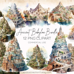 Watercolor Babylon PNG Clipart, Ancient Babylon Images Bundle, Tower of Babel, Hanging Gardens of Babylon, Babylon Print, Sublimation Design