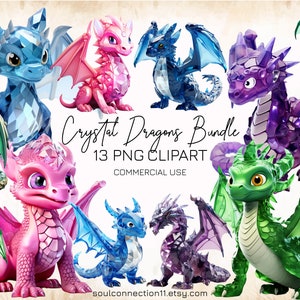 Crystal Dragons PNG Clipart, Cute Fantasy Dragons Images, Glass Dragons, Sublimation Design, Digital Sticker, Dragon Print, Fantasy Clipart