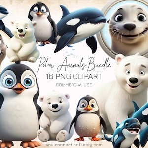 Paquete de imágenes prediseñadas PNG de animales polares lindos, imágenes prediseñadas de pingüino, oso blanco, orca, sello, diseño de sublimación, pegatina digital, animales del Polo Norte