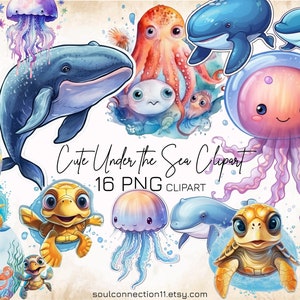 Cute Under The Sea PNG Clipart, Nursery Watercolor Fish, Octopus, Whale, Sea Turtle, Ocean Printable Sticker Bundle, Sea Animal Illustration