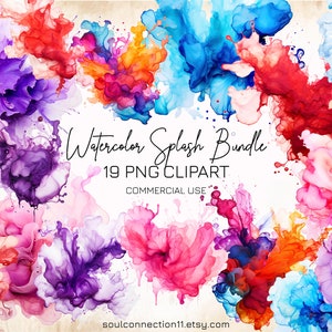 Vibrant aquarelle éclabousse PNG Bundle, coloré encre Splash Clipart, arc en ciel, rose, rouge, bleu, violet, Sublimation Design, usage Commercial