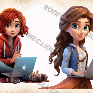 May include: Two cartoon girls are using laptops. One girl has red hair and is wearing a red hoodie and blue jeans. She is sitting on a pile of red rocks. The other girl has long brown hair and is wearing a blue denim jacket and a brown skirt. She is standing.