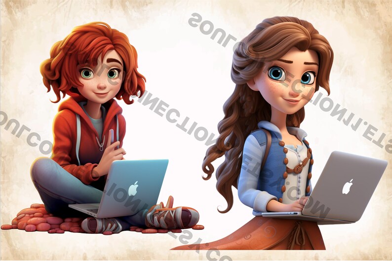 May include: Two cartoon girls are using laptops. One girl has red hair and is wearing a red hoodie and blue jeans. She is sitting on a pile of red rocks. The other girl has long brown hair and is wearing a blue denim jacket and a brown skirt. She is standing.
