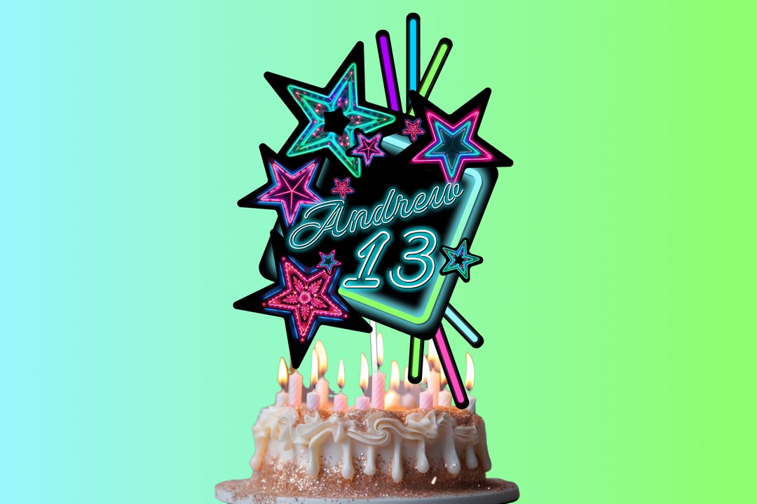 Neon Cake Topper, Personalized Birthday Cake Centerpiece, Neon Party Decorations, Printable Neon ...