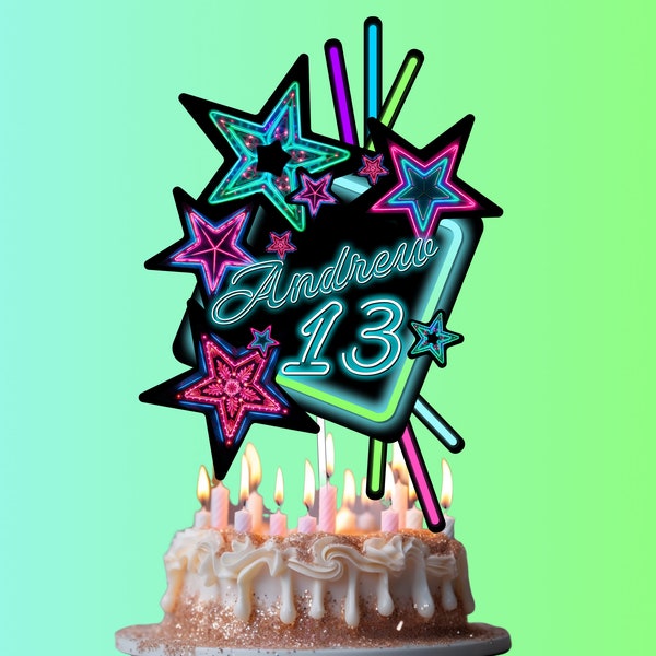 Neon Cake Topper, personalisierte Geburtstagstorte, Neon Partydekoration, Neon Cake Topper zum Ausdrucken, Neon Glow Party, digitale Waren