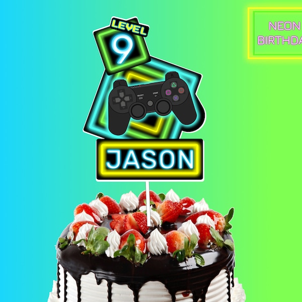 NEON Gamer Cake Topper, Printable Playstation Cake Topper, Custom Birthday Cake Topper, Xbox Game Topper, Video Game Cake Topper, Level Up
