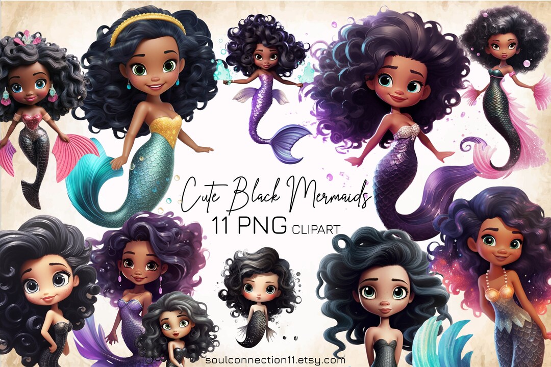 Black Little Mermaid PNG Bundle, Cute Mermaids Clipart, Under the Sea ...