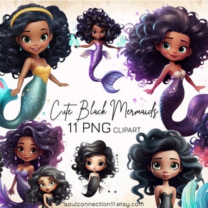 Black Little Mermaid PNG Bundle, Cute Mermaids Clipart, Under the Sea ...
