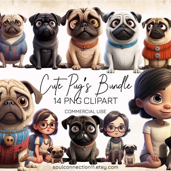 Cute Pug Clipart, Pug PNG Bundle, Cartoon Pug's, Printable Sticker, Pug Sublimation Design, Commercial Use, Instant Download