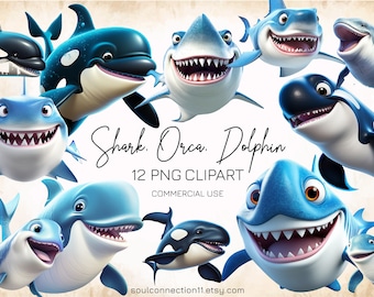 Shark, Orca, Dolphin PNG Clipart Bundle, Under the Sea Clipart, Sea Animals, Ocean Creatures, Sublimation Design, Printable Sticker