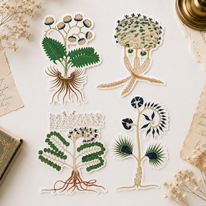 May include: Four die-cut stickers featuring botanical illustrations of stylised plants with intricate roots, green leaves, and blue or yellow floral elements. One sticker includes a block of handwritten script text in the upper left corner.