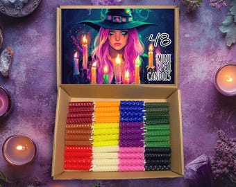 May include: A cardboard box containing 48 mini spell candles in various colors, including red, orange, yellow, green, blue, purple, pink, white, and black. The lid features an illustration of a witch with pink hair and the text 48 MINI SPELL CANDLES.