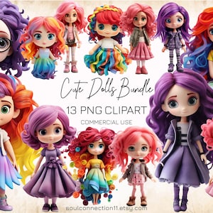 Cute Dolls PNG Clipart, Dolls Images Bundle, Pinkhair Doll, PurpleHair Doll, Rainbow Doll, Sublimation Design, Digital Sticker, Dolls Print