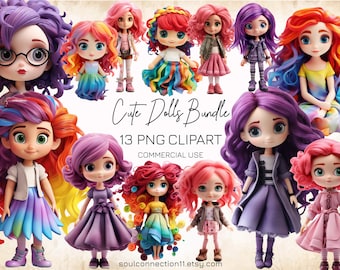 Dolls PNG Clipart Bundle, Colorful Hair, Sublimation Design (1024x1024 px)