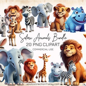 Safari Animals PNG Clipart, Cute African Animals Bundle, Sublimation Design, Digital Sticker, Elephant, Zebra, Giraffe, Hippo, Lion