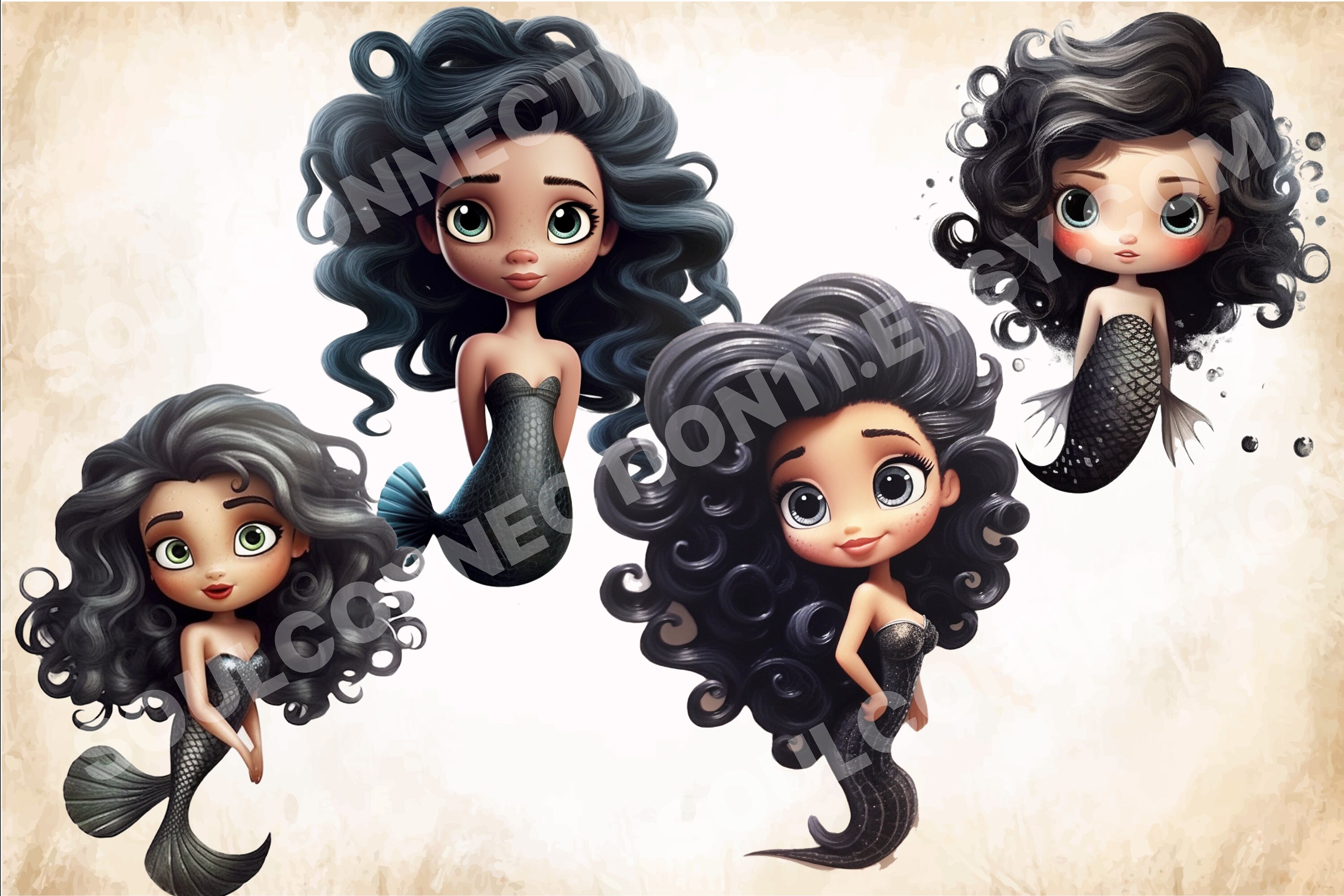 Black Little Mermaid PNG Bundle Cute Mermaids Clipart Under - Etsy