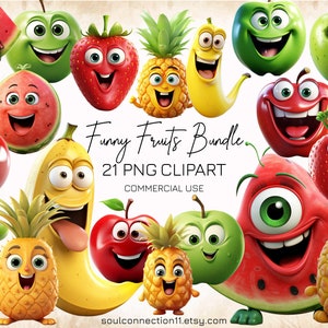 Clipart PNG de fruits drôles, lot d'Images de fruits, banane, pomme, fraise, ananas, pastèque, conception par sublimation, autocollant numérique