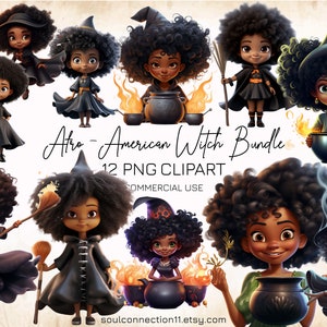 Afro-american Witch PNG Clipart, Cute Modern Witch Clipart Bundle