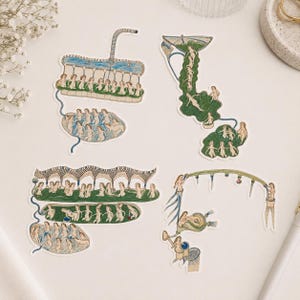 May include: Four die-cut stickers featuring intricate, vintage-style illustrations of groups of small figures interacting with architectural structures, pools of water, and flowing blue lines, rendered in muted green, blue, and tan tones.