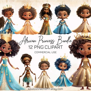 Simpatico pacchetto di clipart PNG principessa nera, immagini PNG principessa africana, clipart fiaba, design afro-americano a sublimazione, stampa principessa