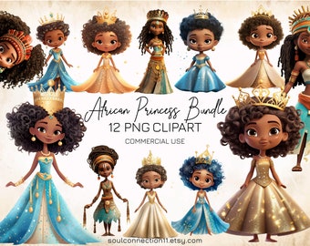 Cute Black Princess PNG Clipart Bundle, African Princess PNG Images, Fairy Tale Clipart, Afro - American Sublimation Design, Princess Print