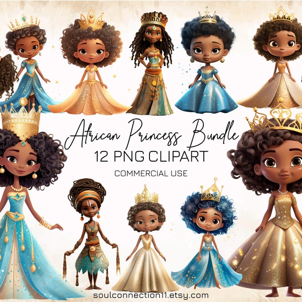 Cute Black Princess PNG Clipart Bundle, African Princess PNG Images, Fairy Tale Clipart, Afro - American Sublimation Design, Princess Print