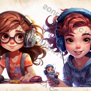 May include: Two young girls wearing headphones, one with glasses and a red and orange shirt, the other with a blue hoodie. The girl in the hoodie is holding a small blue and gray toy robot.