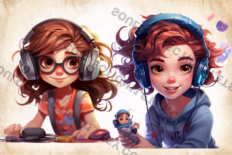 May include: Two young girls wearing headphones, one with glasses and a red and orange shirt, the other with a blue hoodie. The girl in the hoodie is holding a small blue and gray toy robot.