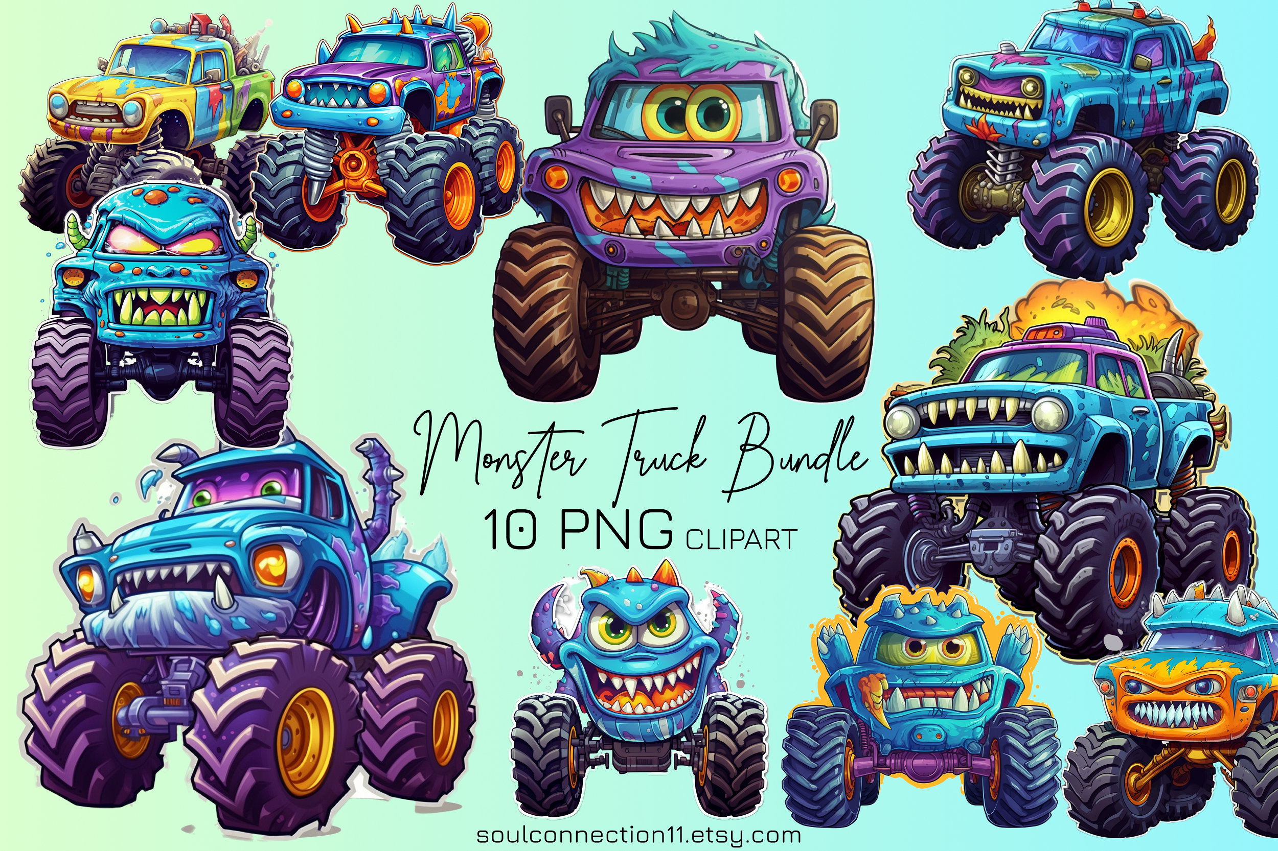 Monster Truck PNG Clipart, Colorful Monster Truck Bundle, Sublimation Design, Printable Sticker, Extreme Vehicle, Boys Clipart, Party Decor