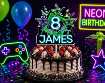 Personalized Neon Birthday Cake Topper, Printable Star Centerpiece (Digital Download)