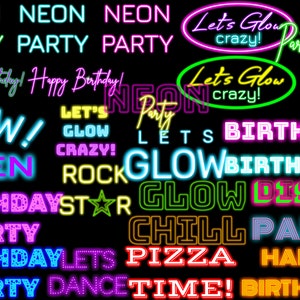 Puede incluir: Letreros de ne&oacute;n con varias frases y dise&ntilde;os, incluyendo "Let's Glow Crazy!" y "Party Time!" en colores rosa brillante, verde, azul y amarillo. Los letreros est&aacute;n sobre un fondo negro.