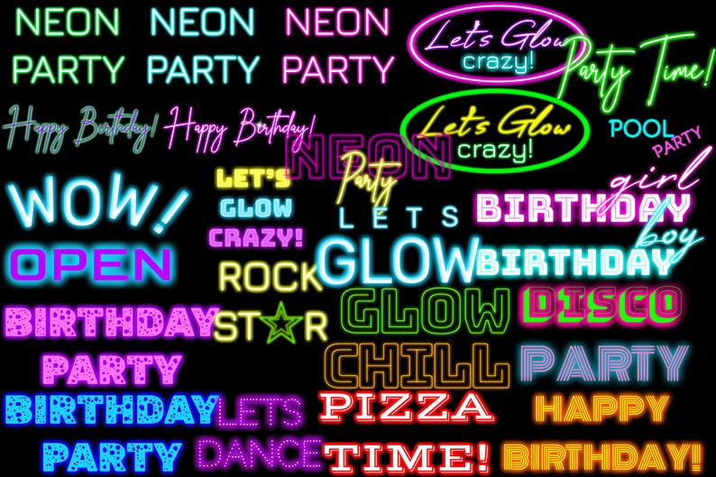 Puede incluir: Letreros de ne&oacute;n con varias frases y dise&ntilde;os, incluyendo "Let's Glow Crazy!" y "Party Time!" en colores rosa brillante, verde, azul y amarillo. Los letreros est&aacute;n sobre un fondo negro.