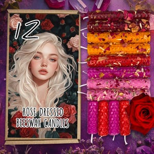 Juego de 12 velas de cera de abeja con rosas, velas de hechizo para manifestación, velas de cera de abeja pura, vela de altar, vela para rituales de amor, añadir aroma