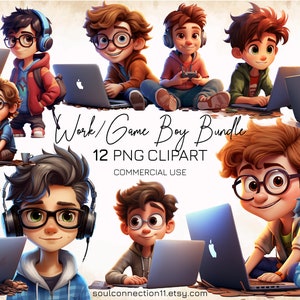 Boy Working On a Laptop PNG Clipart, Boy Gamer Images Bundle, Sublimation Design, Digital Sticker, Gamer Print, Laptop Print, Mac Book PNG