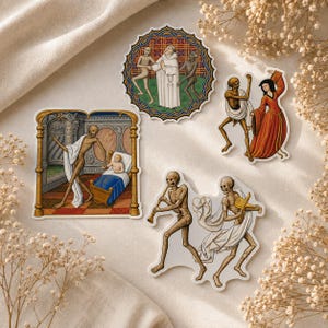 May include: A collection of four die-cut stickers featuring medieval-style illustrations of skeletons. One shows a skeleton with a monk, another a skeleton with a person in a red dress, one with a skeleton and a child, and one with two skeletons playing music.