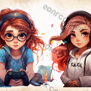May include: Two cartoon girls wearing headphones. One girl is holding a video game controller and the other girl is wearing a white hoodie with the text "GAME" on it.