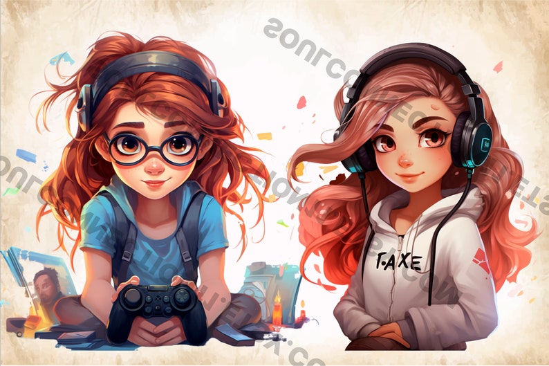May include: Two cartoon girls wearing headphones. One girl is holding a video game controller and the other girl is wearing a white hoodie with the text "GAME" on it.