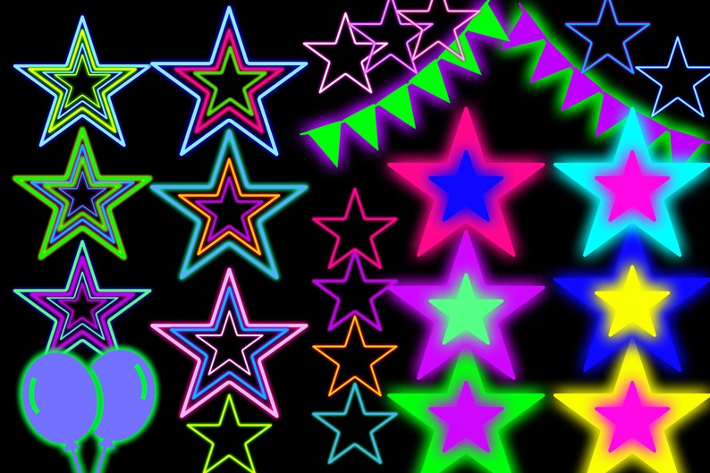 Puede incluir: Un fondo negro con un dise&ntilde;o de estrellas de ne&oacute;n de colores. Las estrellas son de varios tama&ntilde;os y colores, incluyendo rosa, azul, verde, amarillo y naranja. Tambi&eacute;n hay algunas banderas triangulares verdes colgando de la parte superior de la imagen.