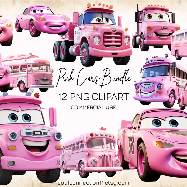 Pink Cars PNG Clipart, Cute Pink Cars Bundle, School Bus, Pink Truck, Sublimation Design, Digital Sticker, Pink Vehicle Image, Cars Print