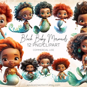 Pacchetto di clipart PNG di sirene nere carine, immagini PNG di sirene africane, clipart sottomarine, design a sublimazione di sirene nere